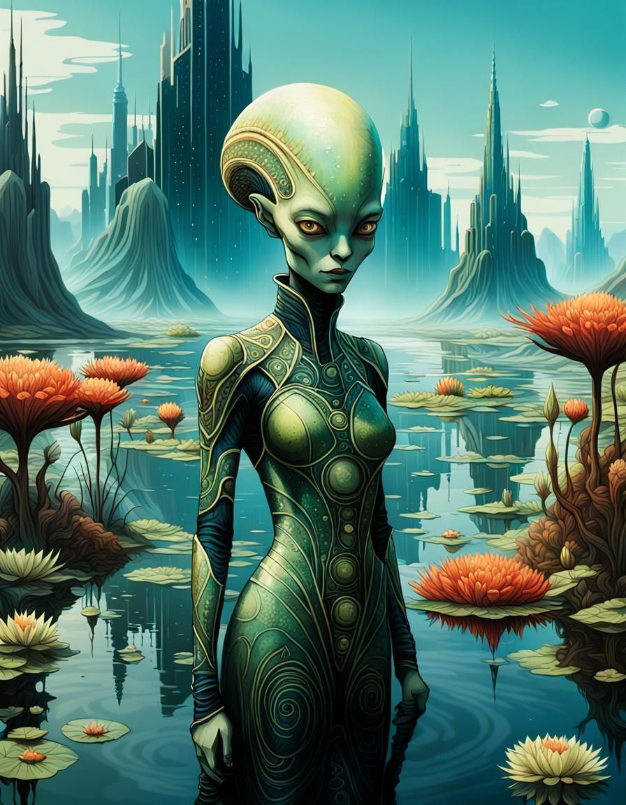 Stunning Alien Woman in Alien Pond, Sci-Fi Fantasy