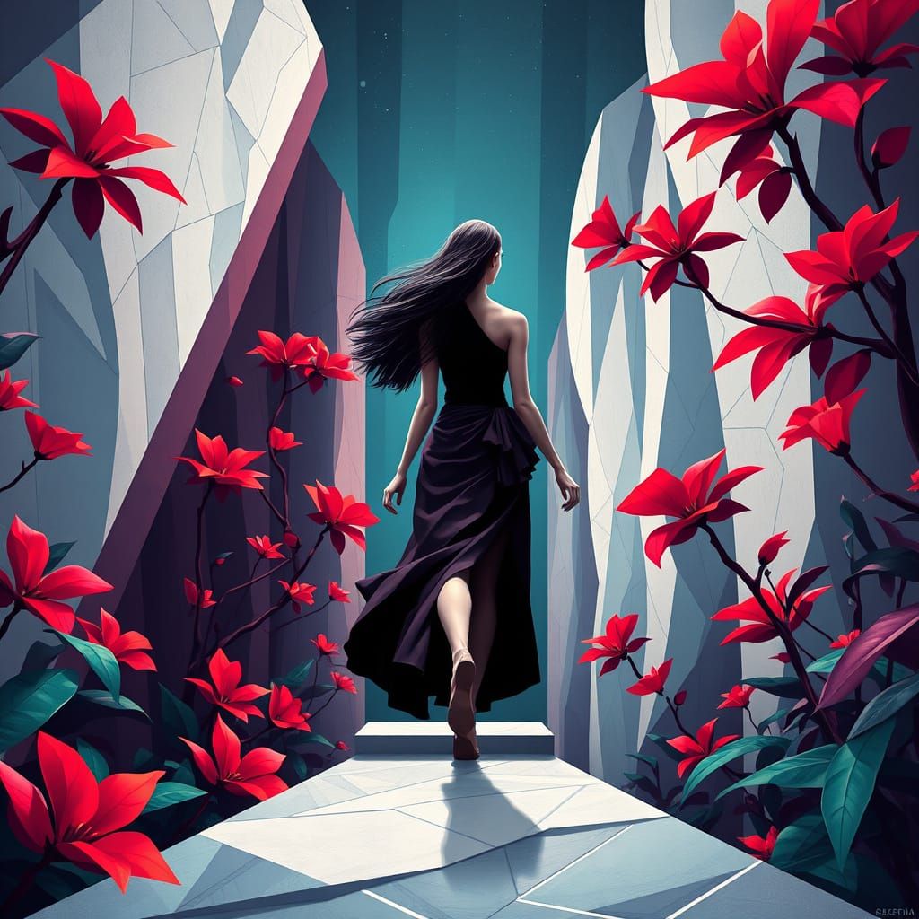 Woman Steps into Infinity: 3D Abstract Cubism