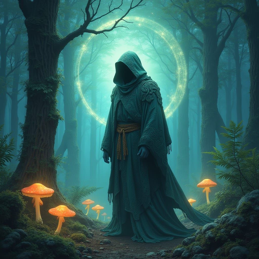 Ethereal Forest Sorcerer in Dreamlike Landscape