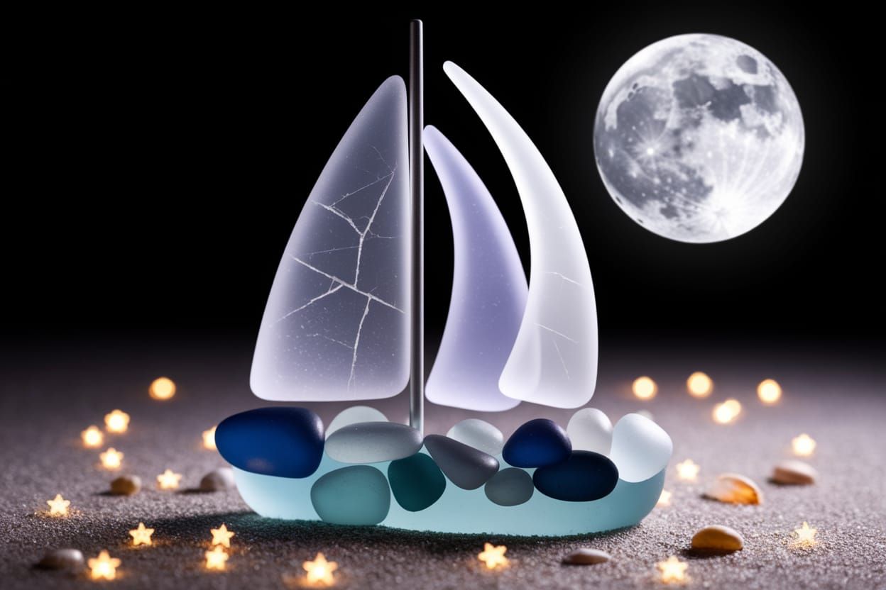 Sea Glass Sailboat Under a Full Moon
