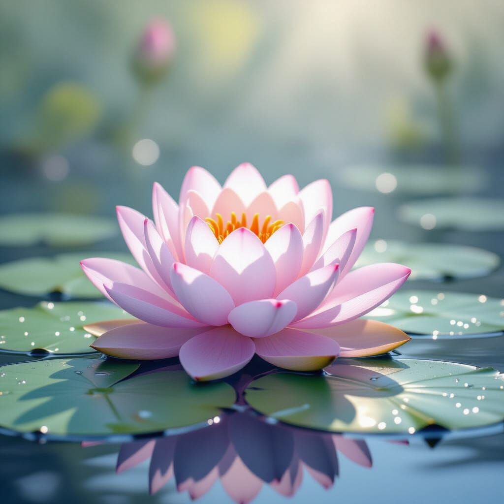 Serene Lotus Flower with Dew Drops After Rain