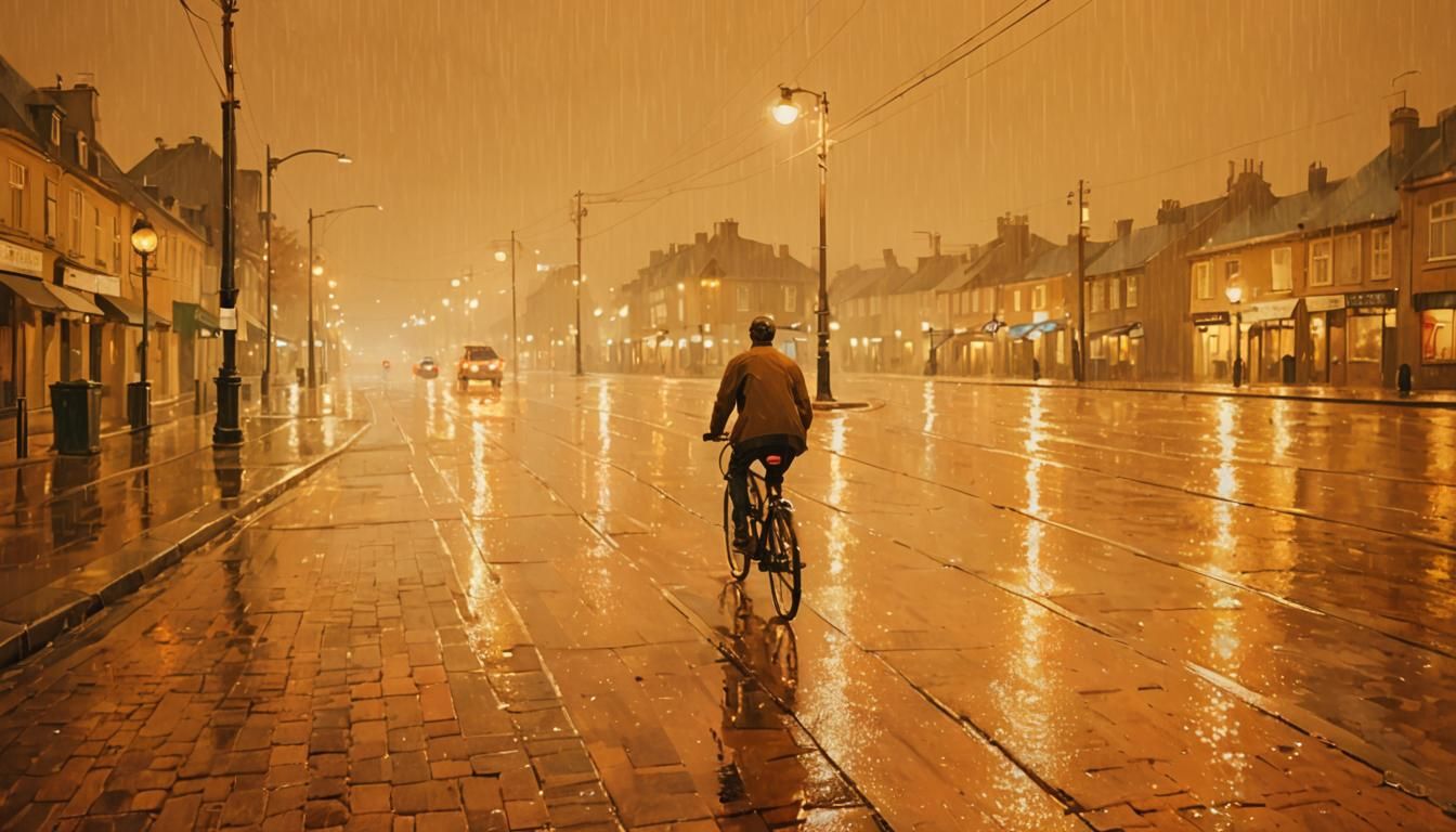Impressionist Man Cycling on Rain-Kissed Street at Night