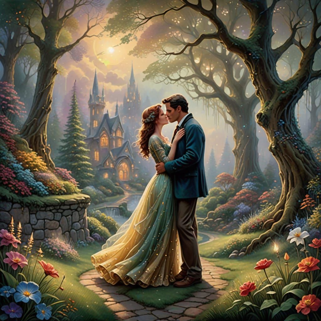 Whimsical Fantasy Forest Kiss in Dreamy Golden Light