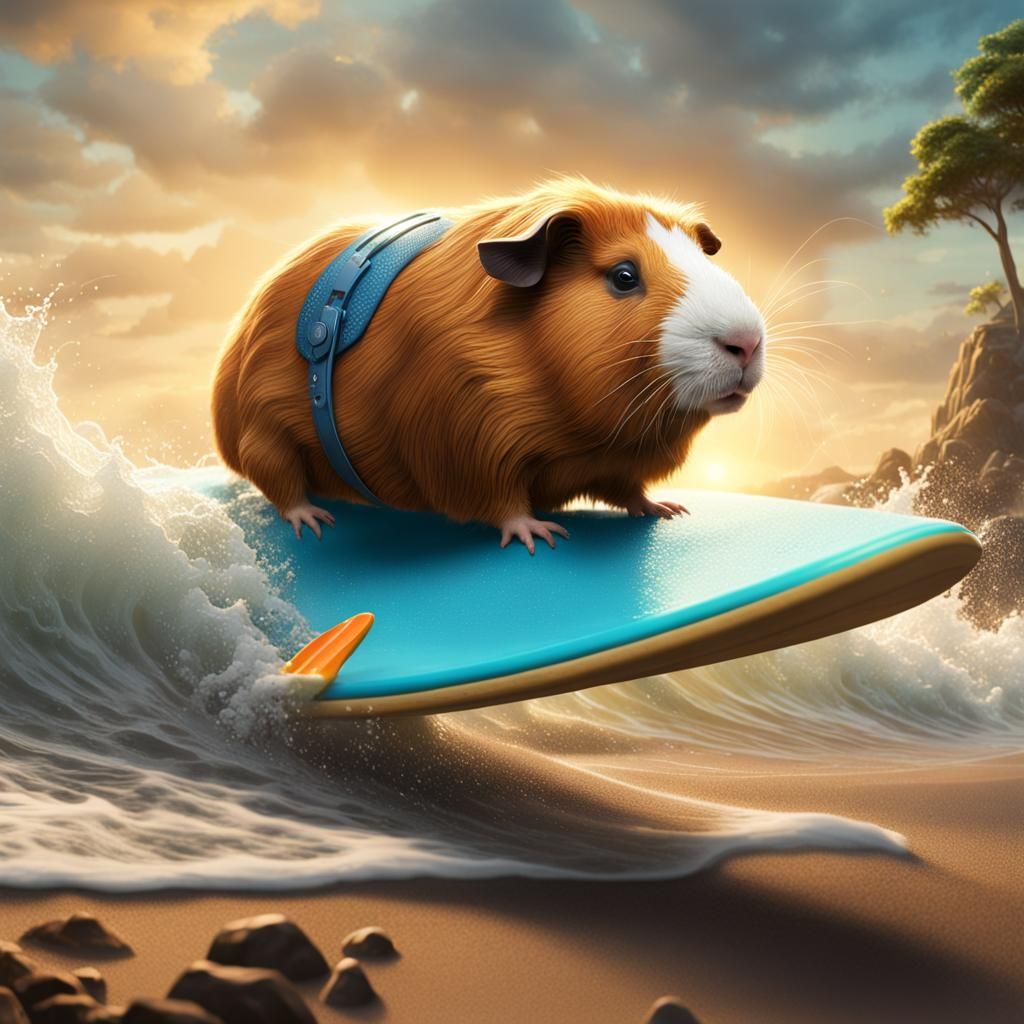 Guinea Pig Surfing and Eating: Detailed Matte Painting