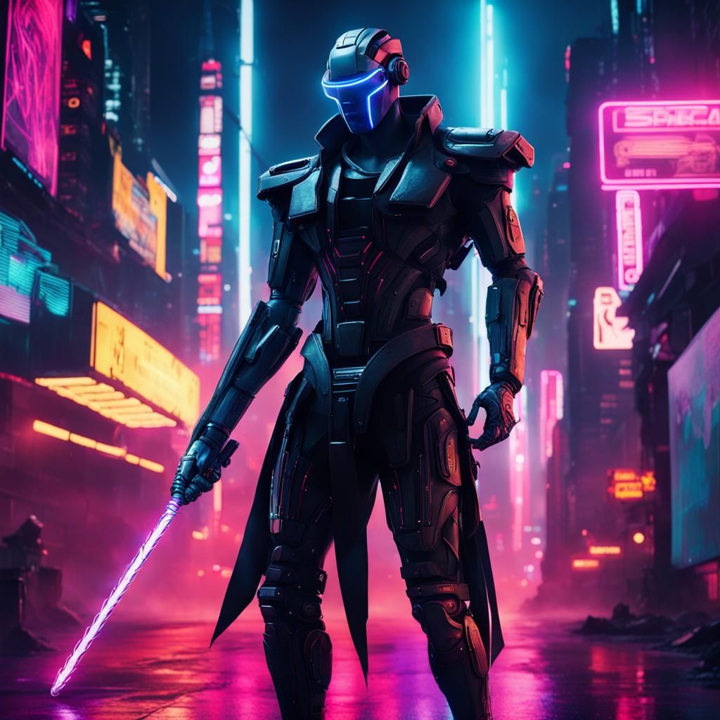 Cybernetic Robot in Neon Cyberpunk Cityscape