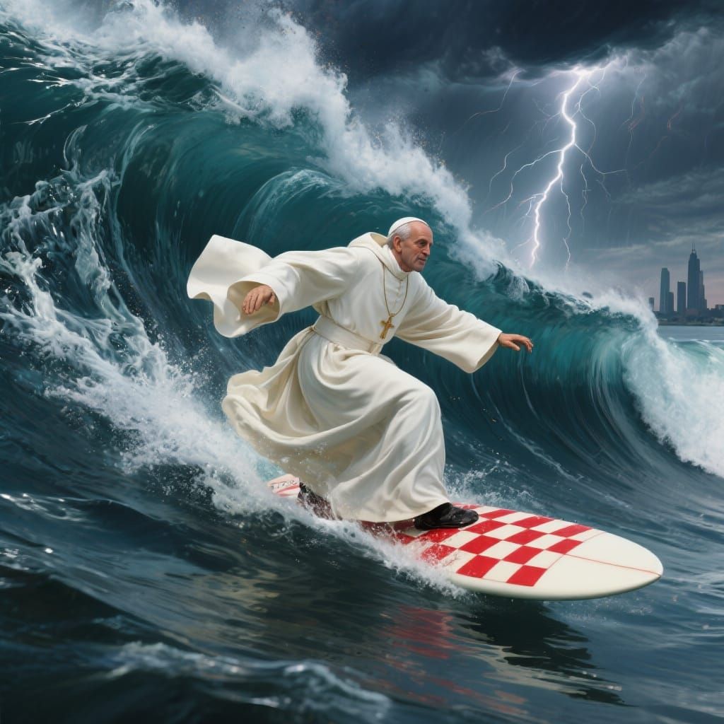 Pope Leo Surfing Wave in Botticelli Style