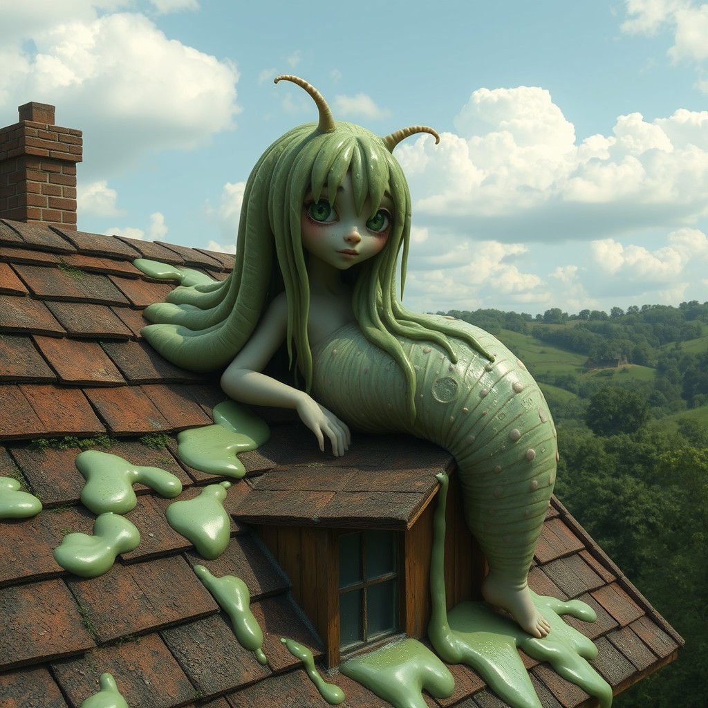 Limbless Slug-Girl on Rooftop Covered in Slime