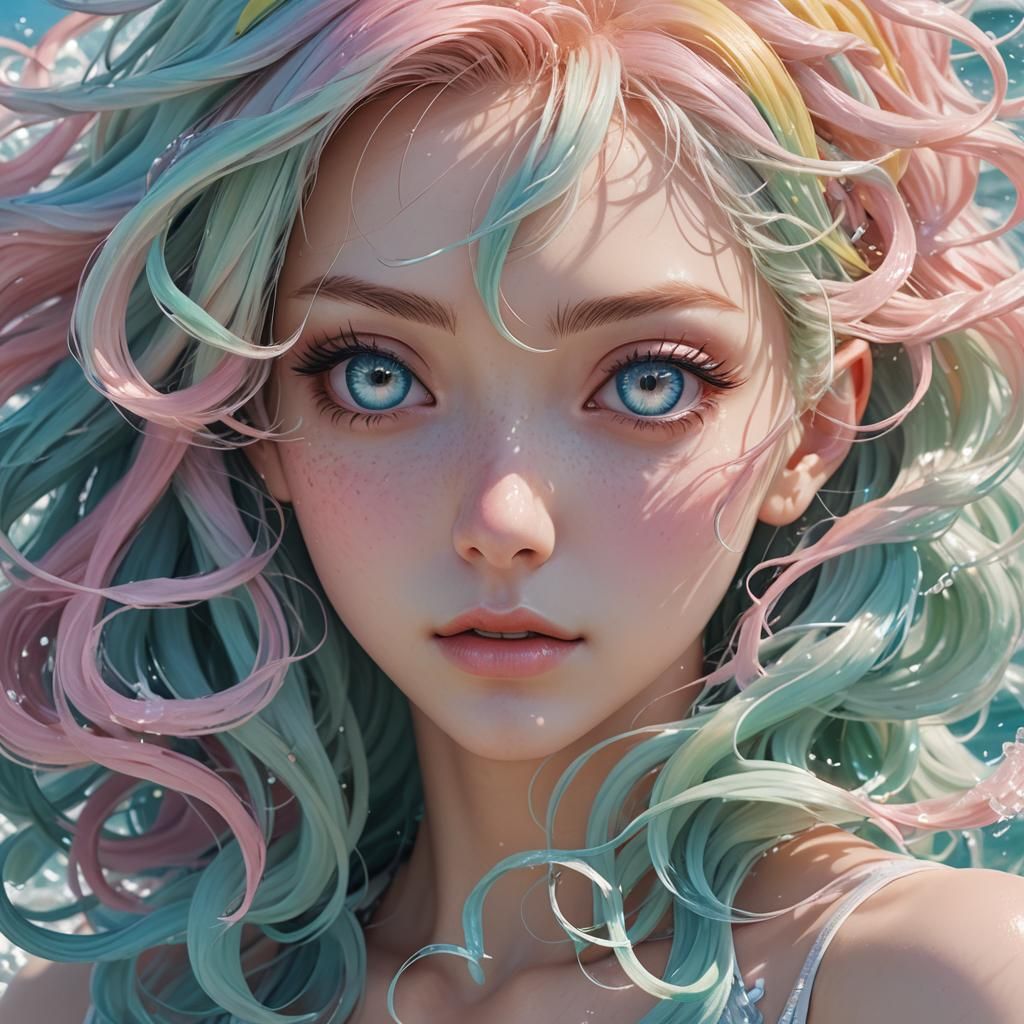 Pastel Anime Girl Portrait with Ocean Waves