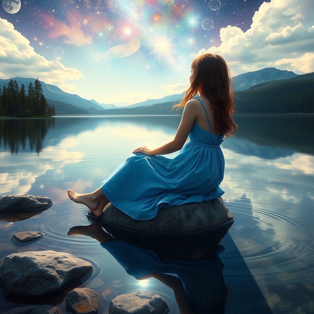 Girl in Cosmic Blue Holographic Dress Sits on Lake Rock