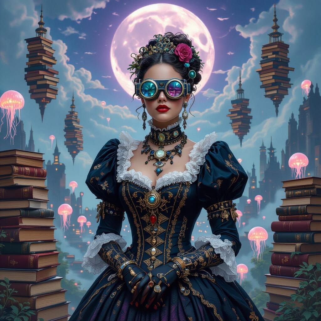 Cyberpunk Noblewoman in Surreal Book Landscape