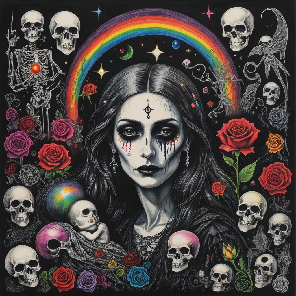 Gothic Mother and Child: Surreal Crayon Drawing