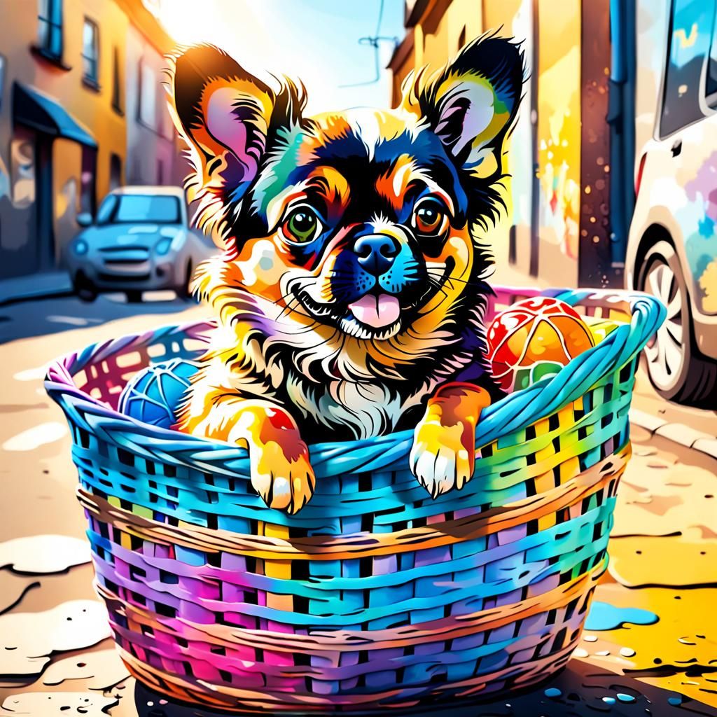 Dog in Basket: Street Art Graffiti in Polychromatic Style