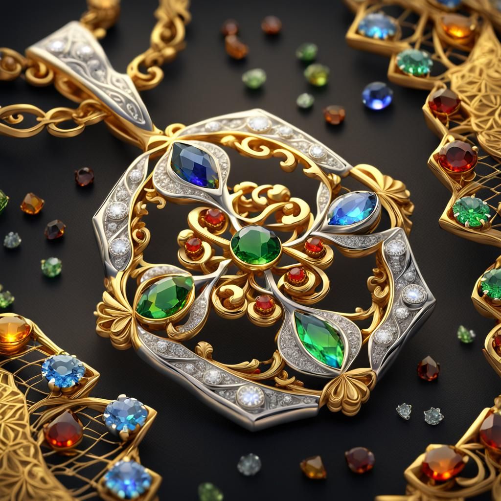 Gold and Silver Navratna Gemstone Pendant: 3D Render