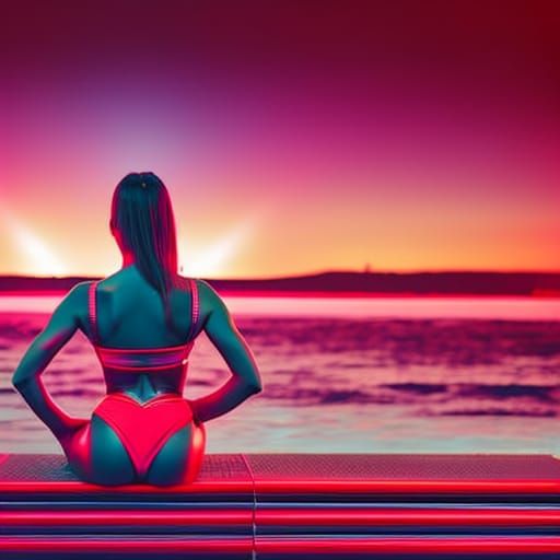 Beautiful Woman in Red Bikini: Synthwave Neon Retro