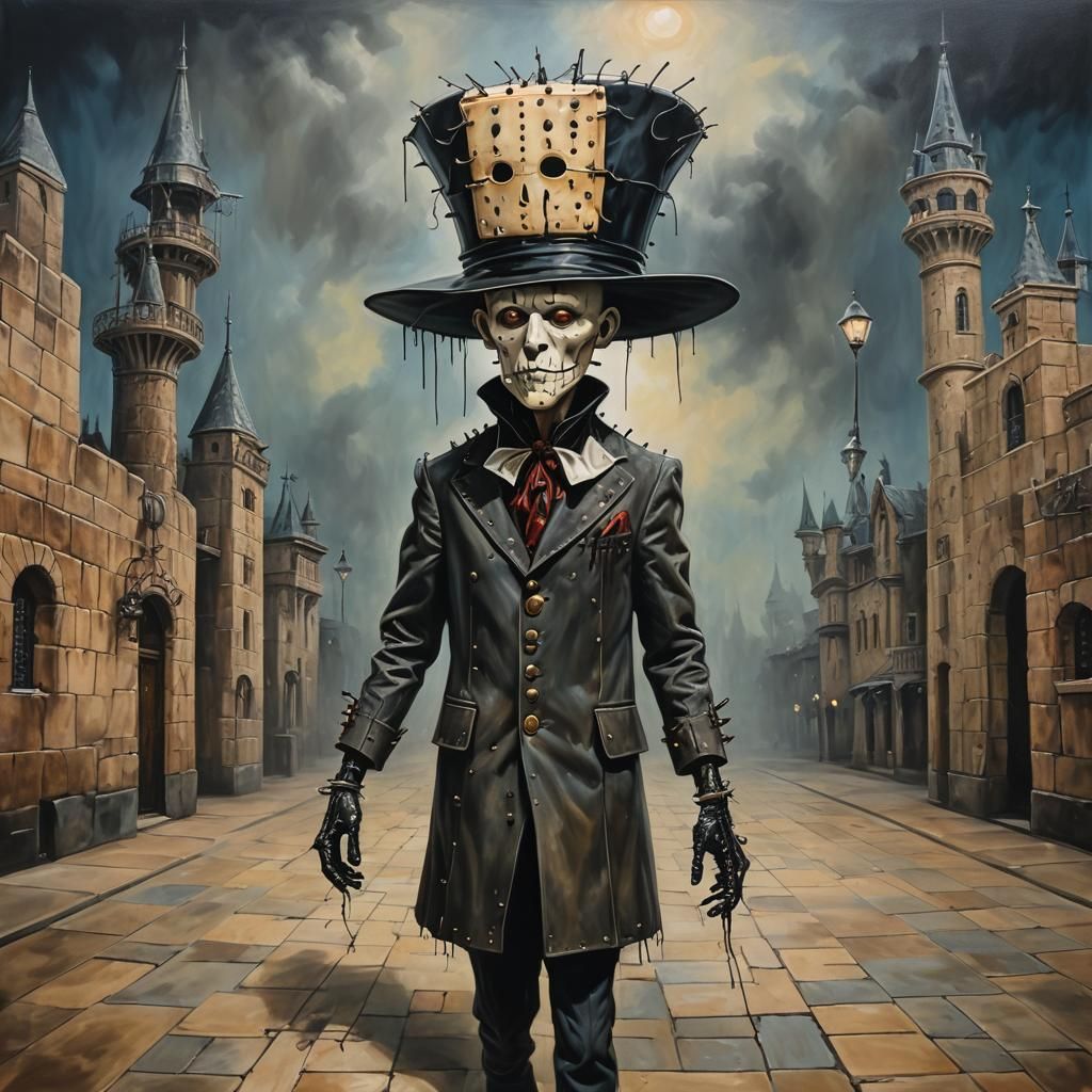 Hyperrealistic Pinhead from the movie "Hellraiser", as Cartoon Disney's Goofy in Disney style clothing and hat, at Disne...