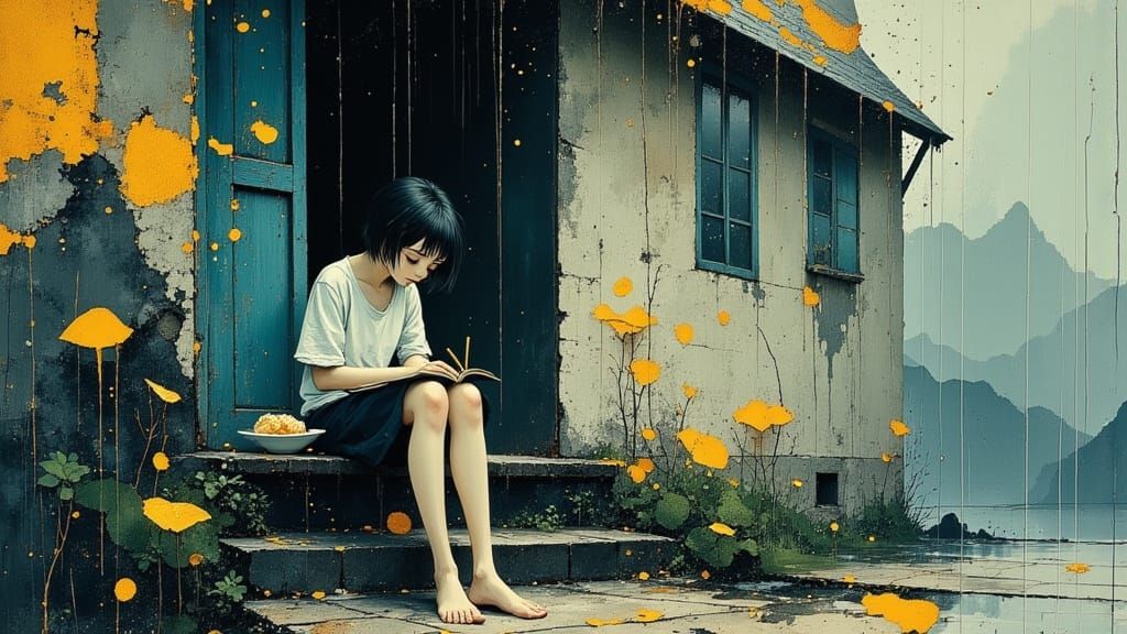 Rainy Evening Writing Session in Watercolor Style