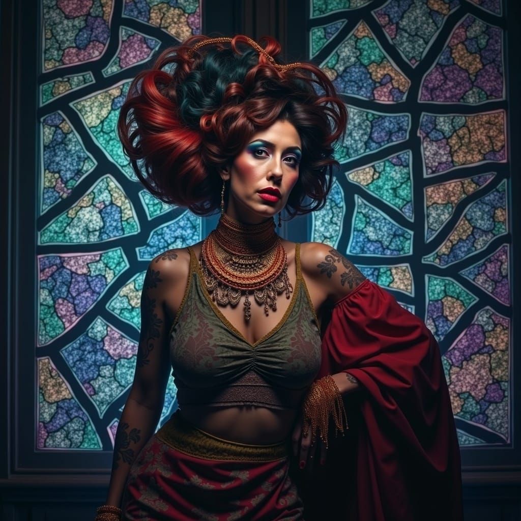 Flamboyant Woman in Clashing Patterns with Geometric Overlay