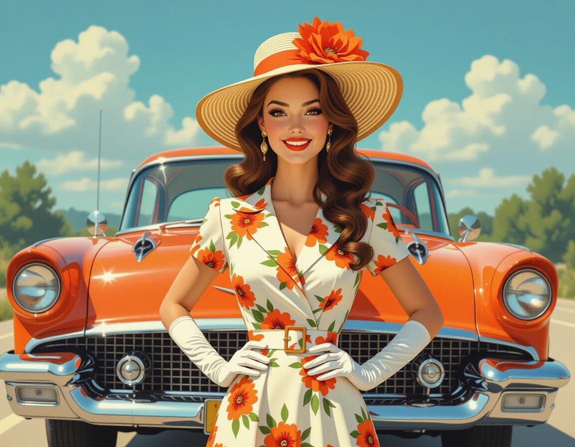 Vintage Portrait: Woman with Orange Floral Car