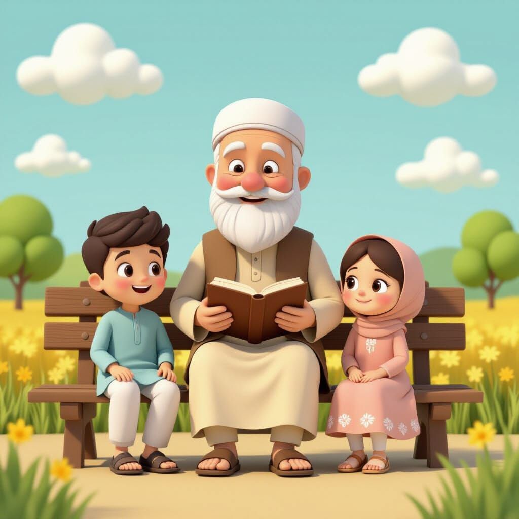 Muslim Grandfather Reading Qur'an With Grandchildren