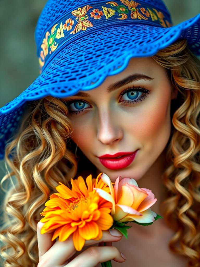 Woman in Blue Sunhat Smiles with Flower in Close-Up Portrait