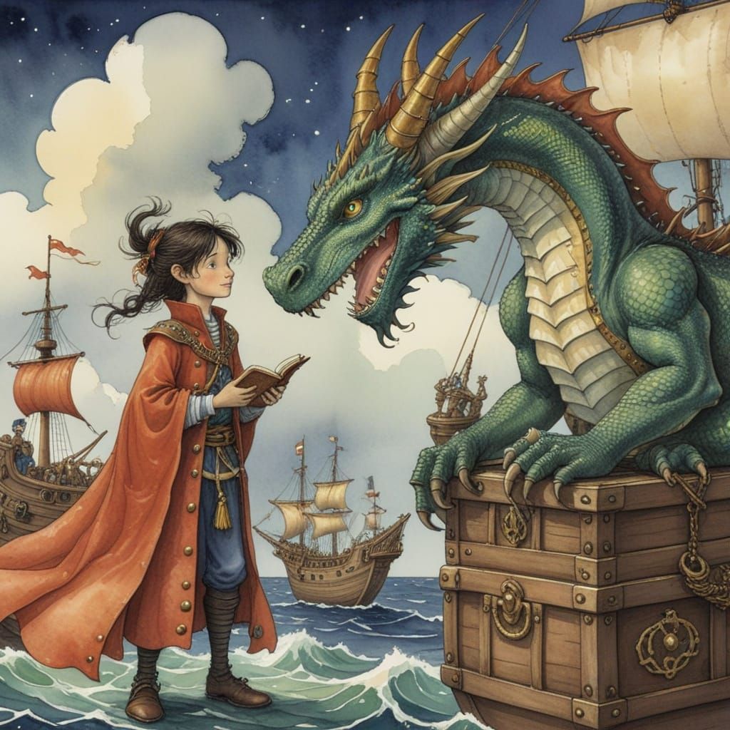 Dragon Pirates Treasure in Watercolor Style