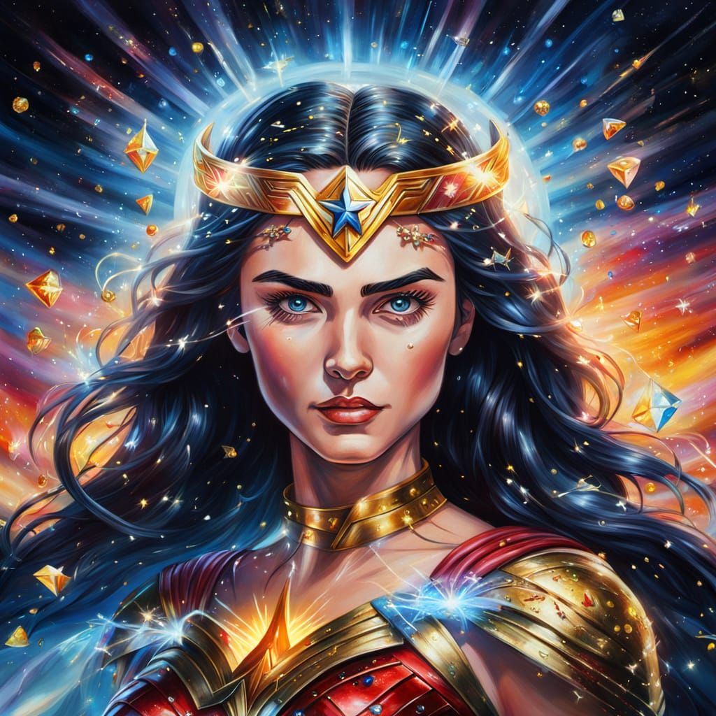 Wonder Woman's Cosmic Transformation in Vibrant Oil Painting...