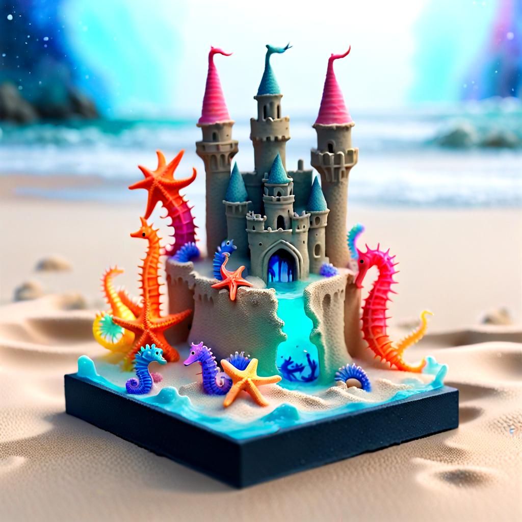 Bioluminescent Starfish Adorn Miniature Sandcastle: Digital ...