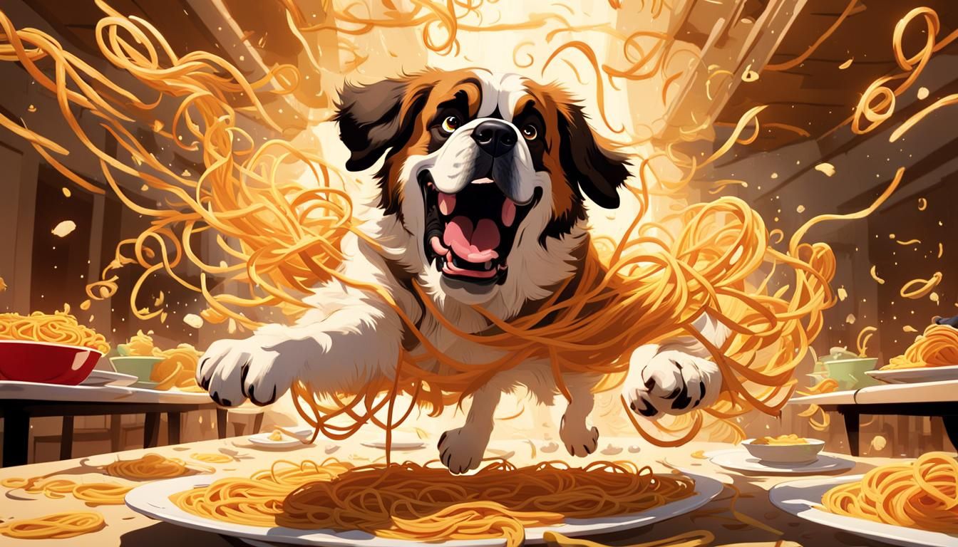 Cartoon St. Bernard Creates Spaghetti Chaos