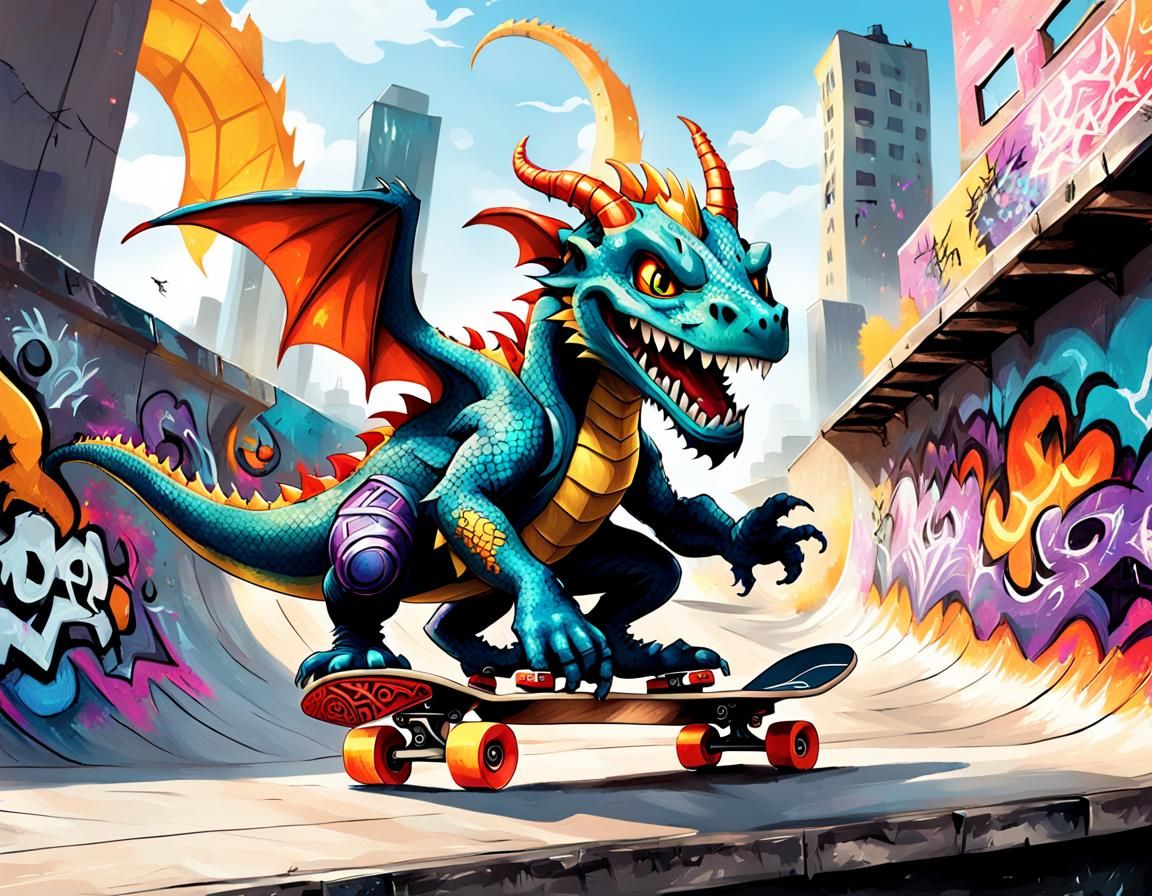 Cute Dragon Shreds Skate Park in GenX Style