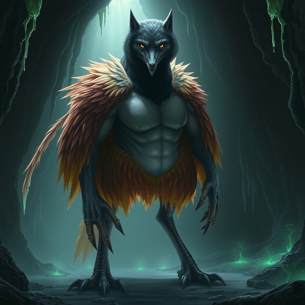 Wolf-Headed Humanoid in Bioluminescent Cave Art