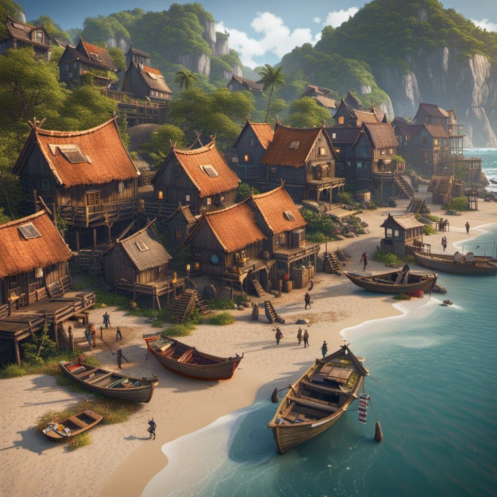 Island Fishing Village: Detailed Matte Painting
