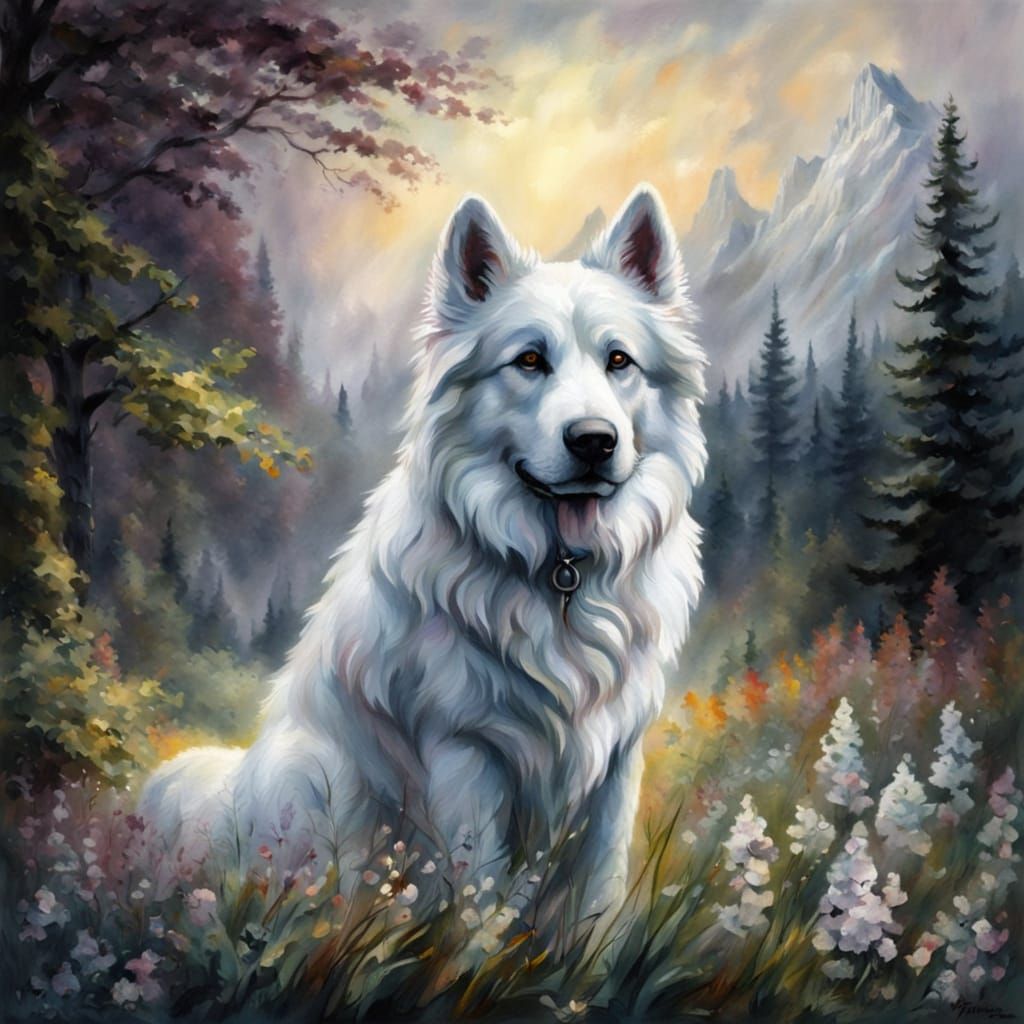 Ethereal White Shepherd in Impressionist Gouache Style