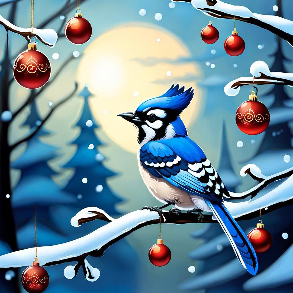 Festive Blue Jay Chick in Christmas Storybook Style