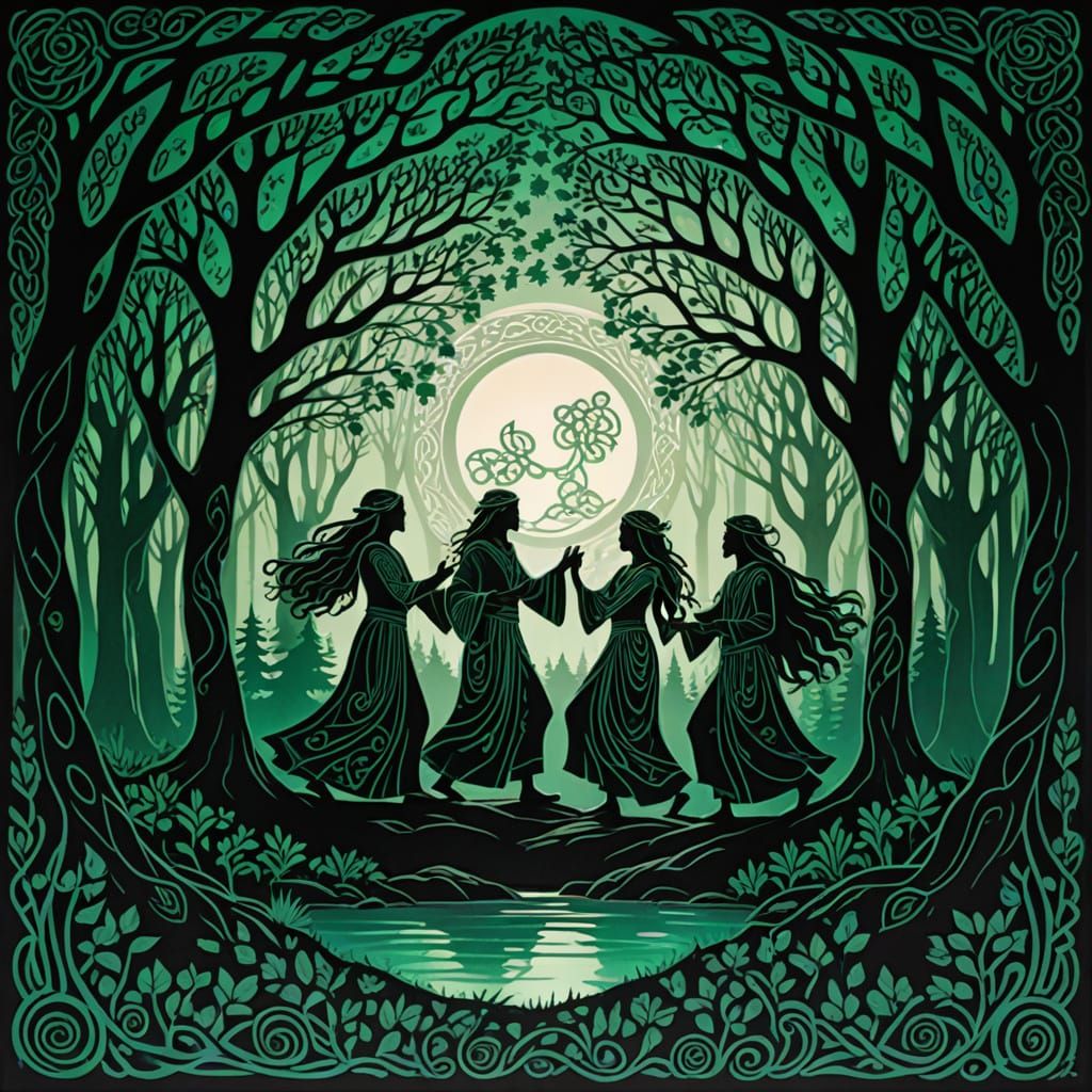 Druids Dancing Around Sacred Stone in Kirigami Style