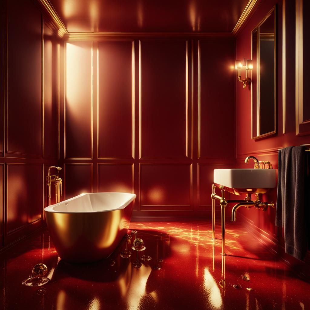Luxury Red and Gold Bathroom with Golden Hour Glow