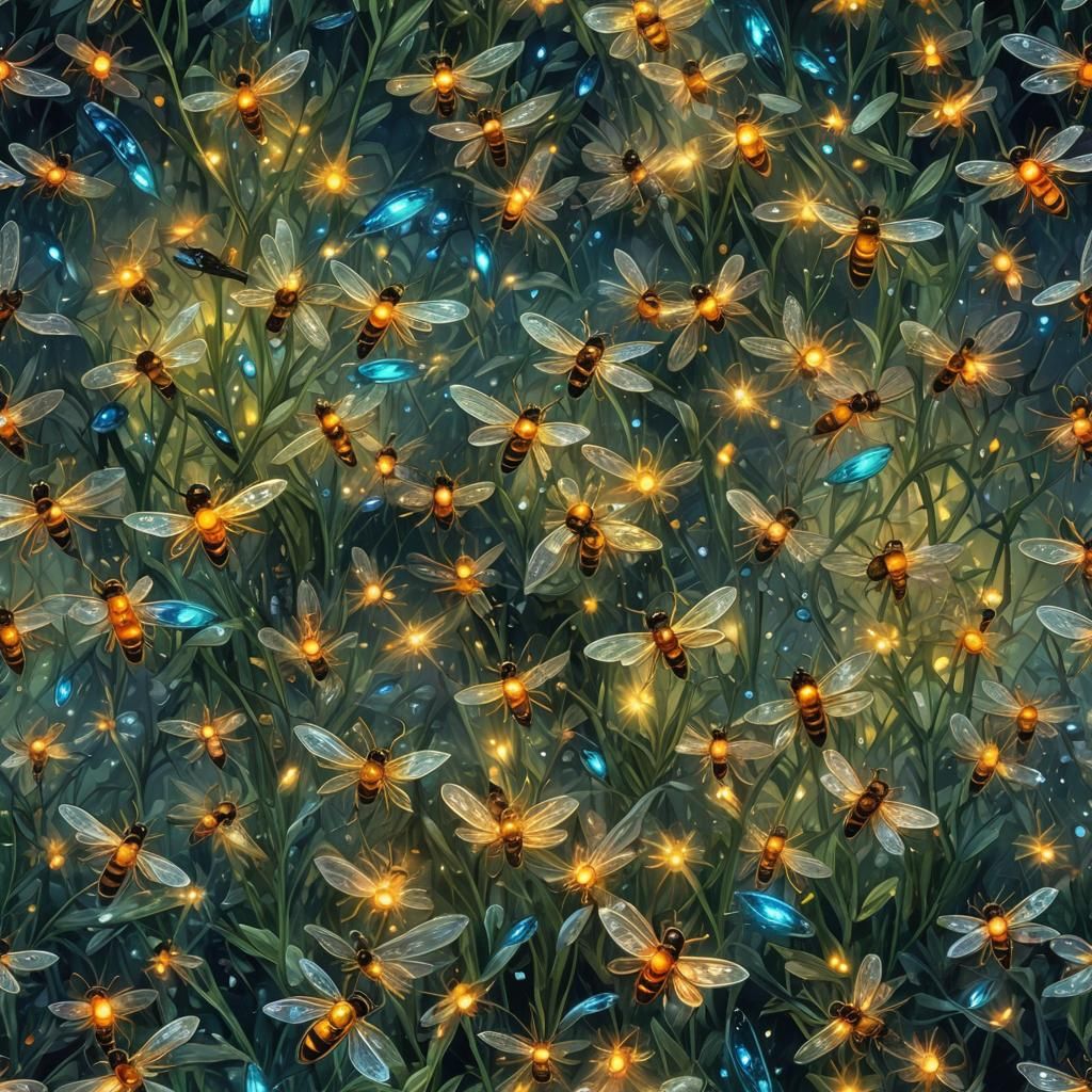 Glowing Fireflies Garden Under Cracked Ice