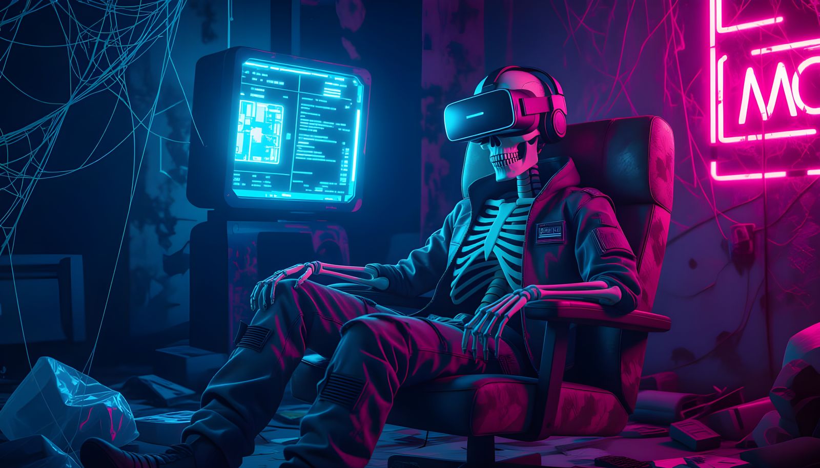 Cyberpunk Skeleton in Abandoned Room, Anime Pop Art