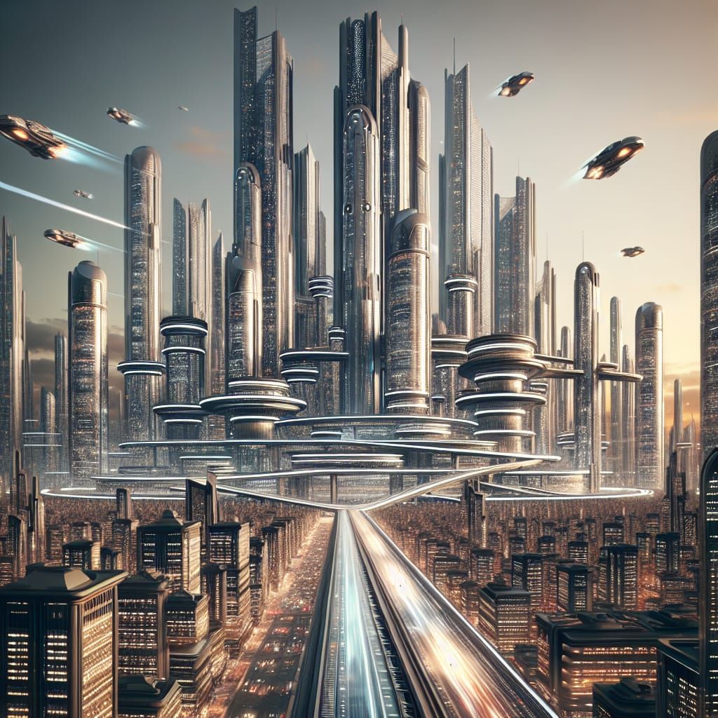 Grand Futuristic Metropolis with Retro Chrome Skyscrapers an...