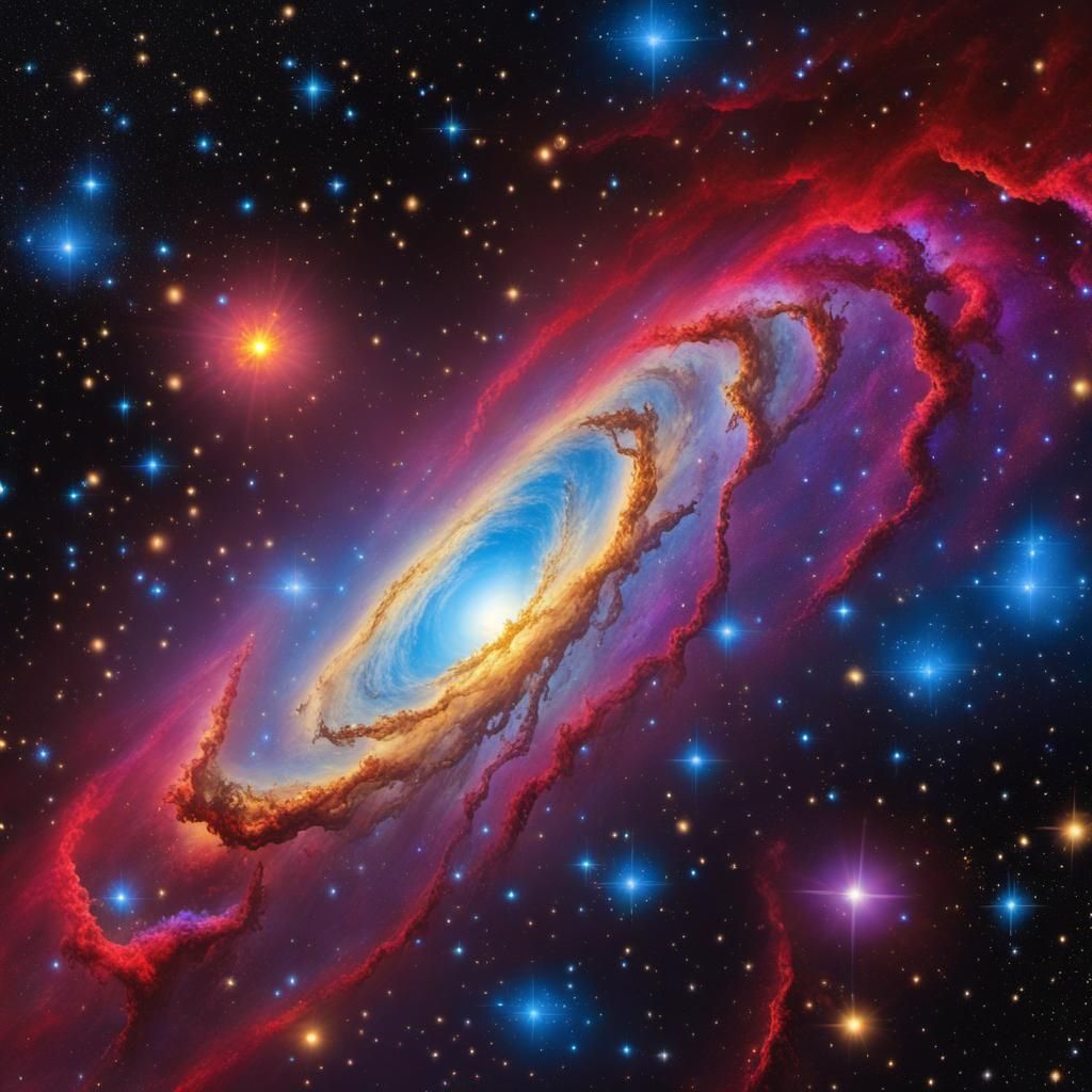 A galaxy filled with bright blue stars, yellow galaxies and phenomenal cosmic forces.
Bright red, yellow, purple, blue c...