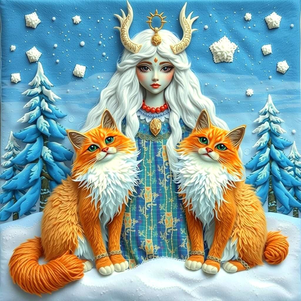 Freya with Furry Feline Companions in a Winter Wonderland Sc...