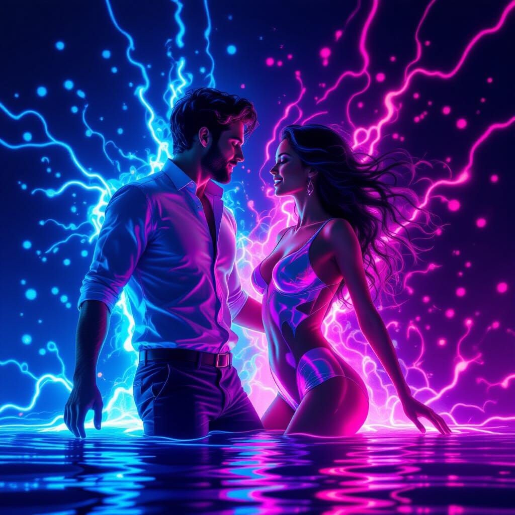 Neon Figures Collide in Electric Blue and Pink