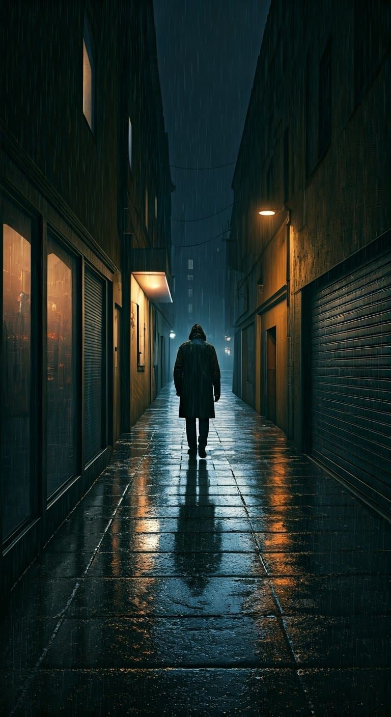 Rainy Alleyway Figure in Atmospheric Lighting