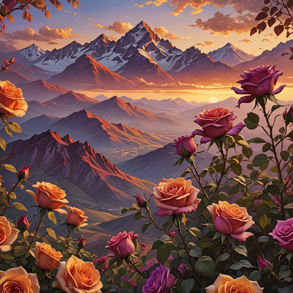 Red Roses and Purple Mountains at Sunset
