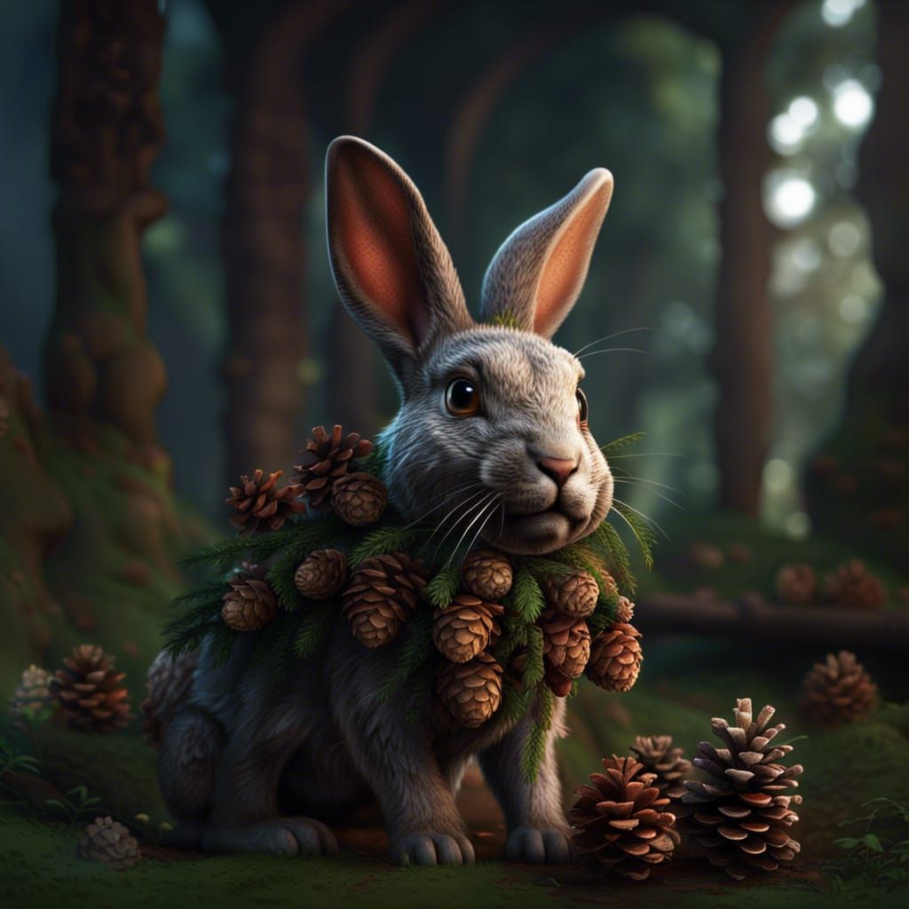 Pine Cone Bunny in Detailed Digital Painting