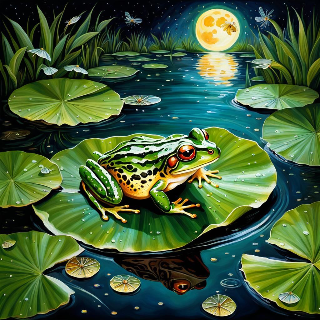 Emerald Frog Under the Moonlit Pond