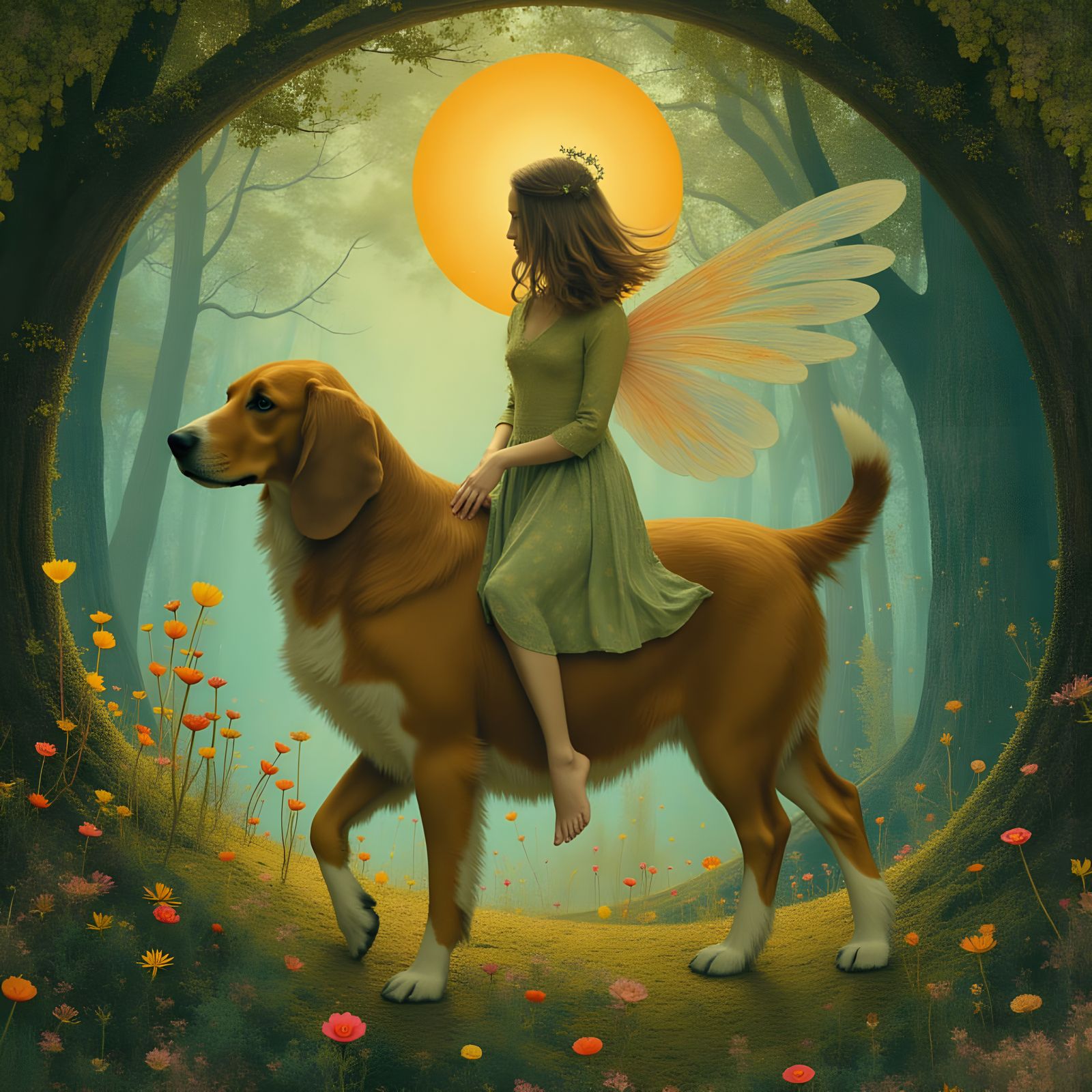 Ethereal Fairy Rides Basset Hound Through Magical Forest