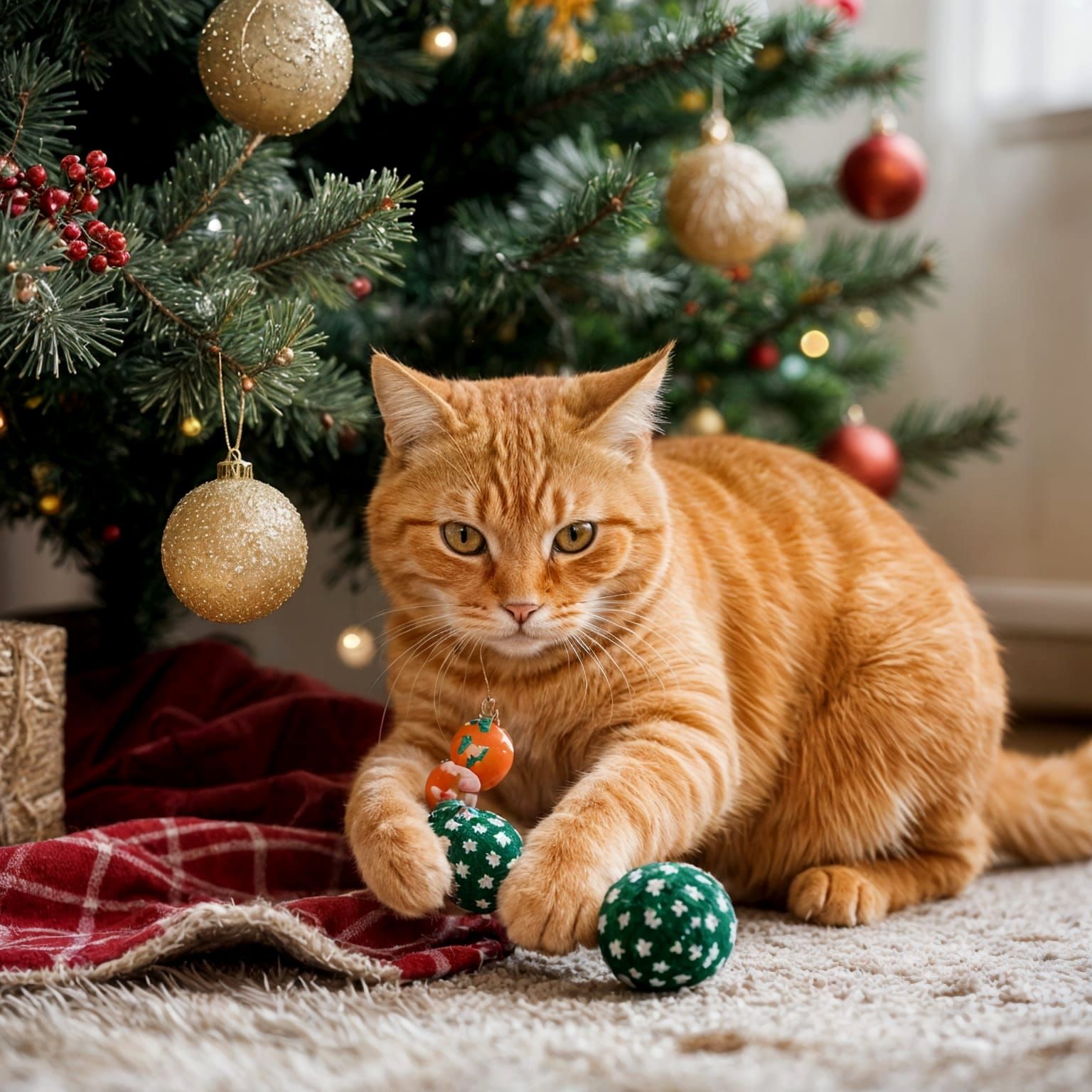 Orange Tabby Cat Plays with Toy Under Christmas Tree