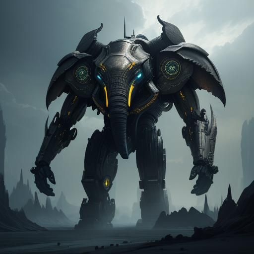 Elephant King and Tribe in Metallic Sci-Fi World
