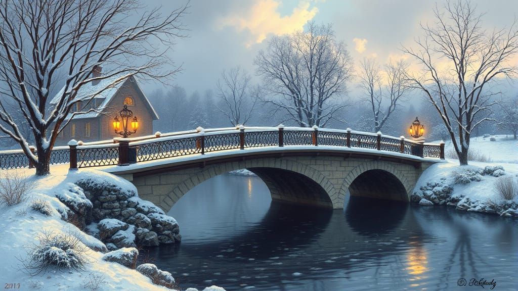 Whimsical Winter Bridge Scene in Traditional Style