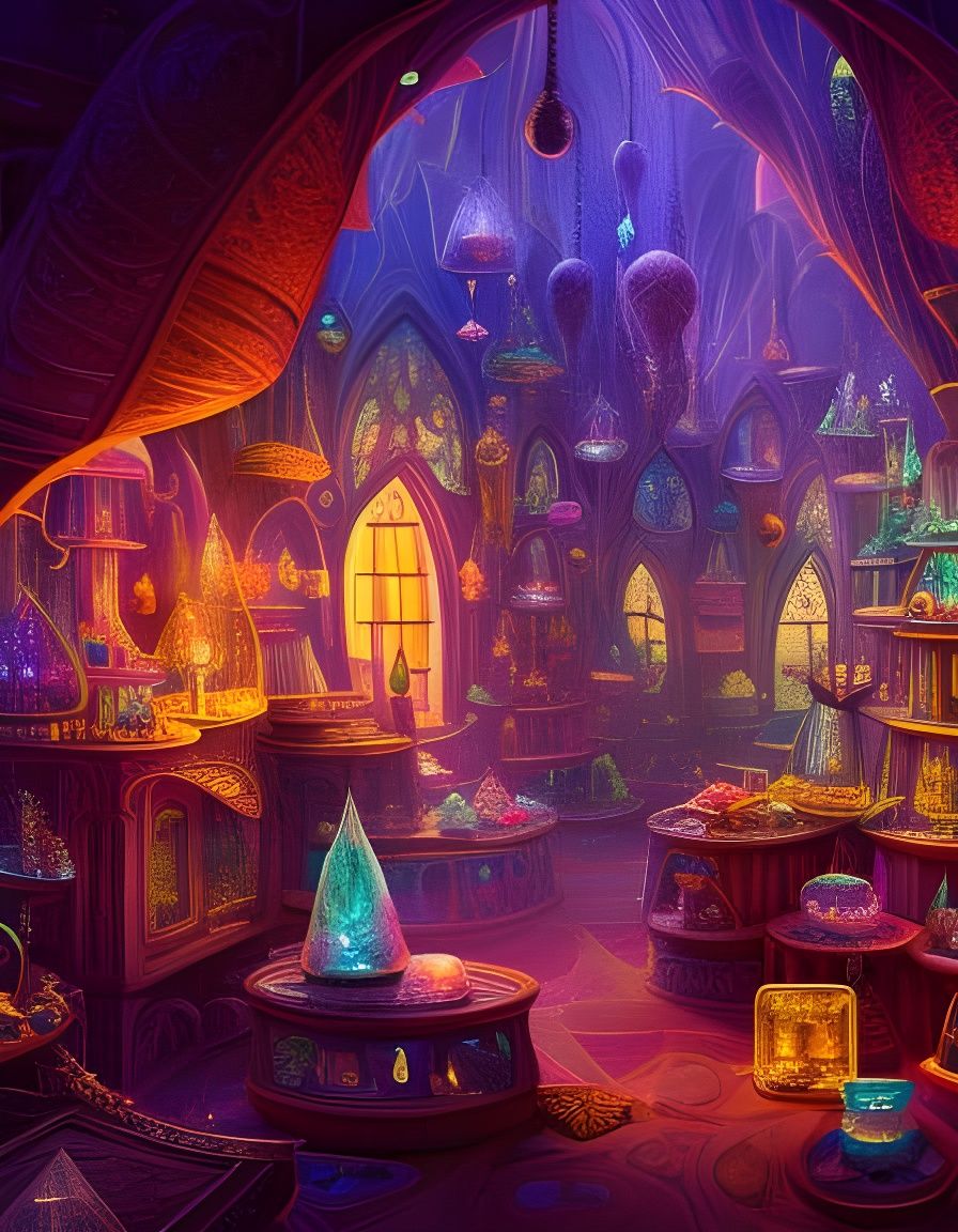 Whimsical Crystal Shop in Cozy Fantasy Style